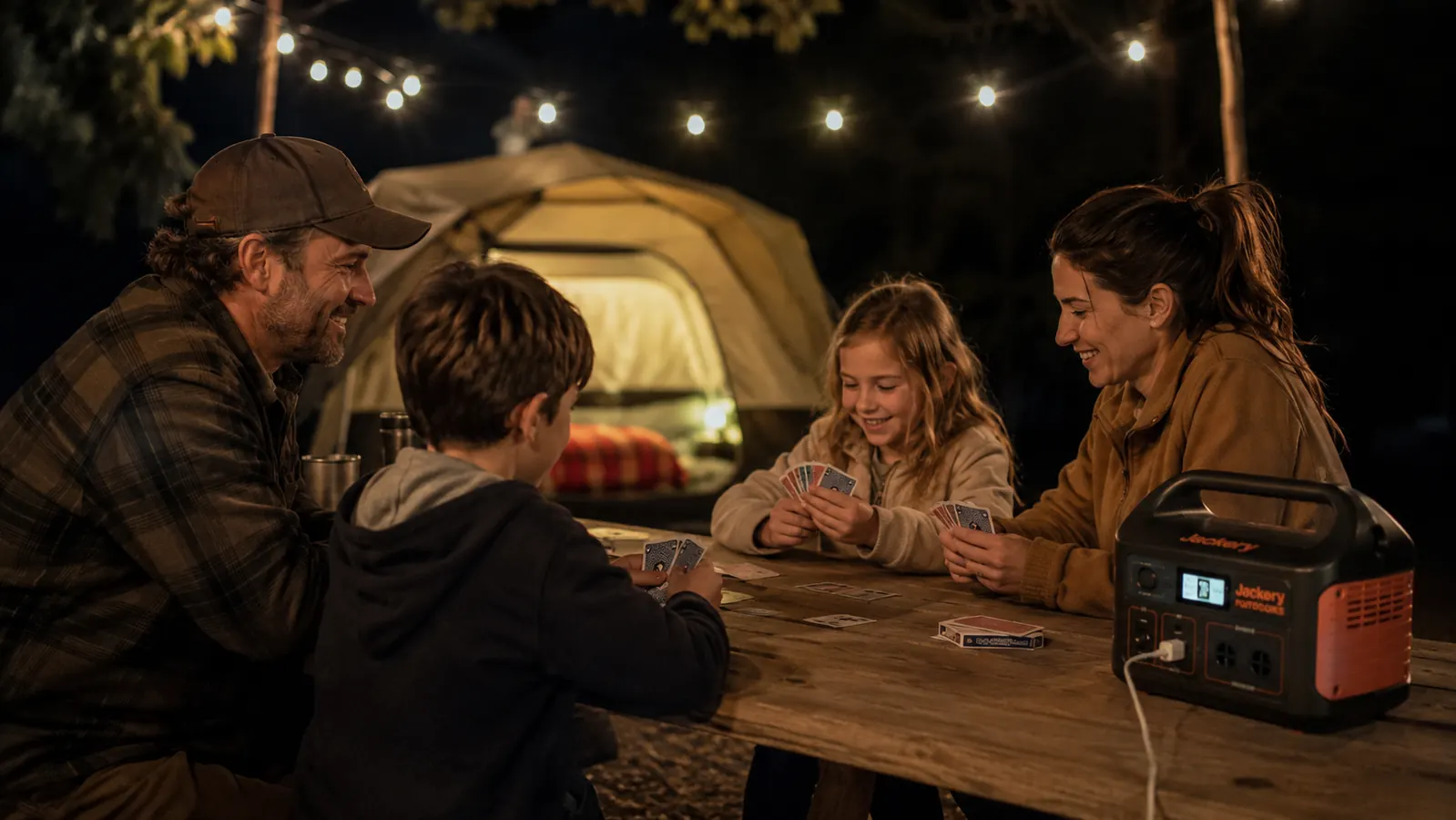 Family at a campsite at night, children playing a board game under bright LED lights powered by a portable power station