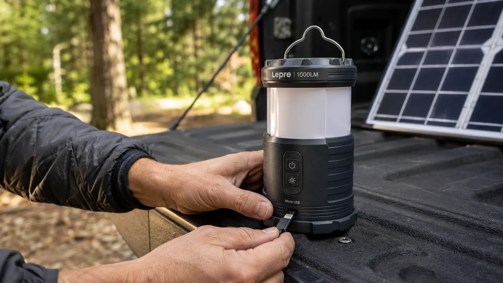 Hand holding the Lepro lantern while plugging in a USB-C charging cable at a campsite