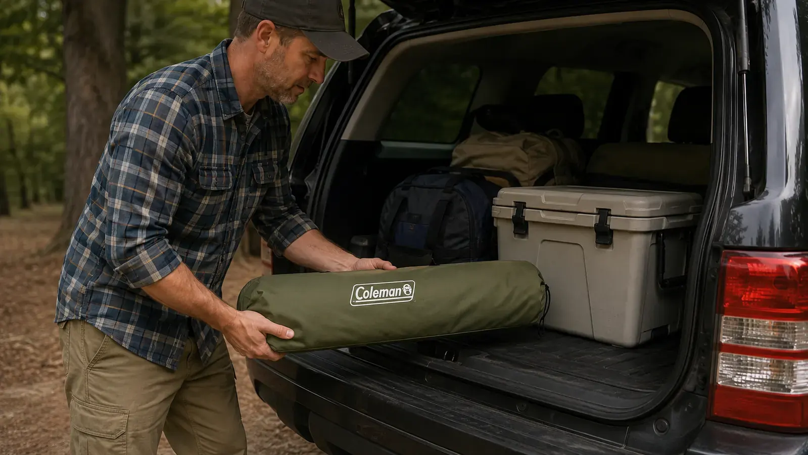 Person lifting a Coleman camping chair carry bag from a car trunk to show its size relative to a camping cooler