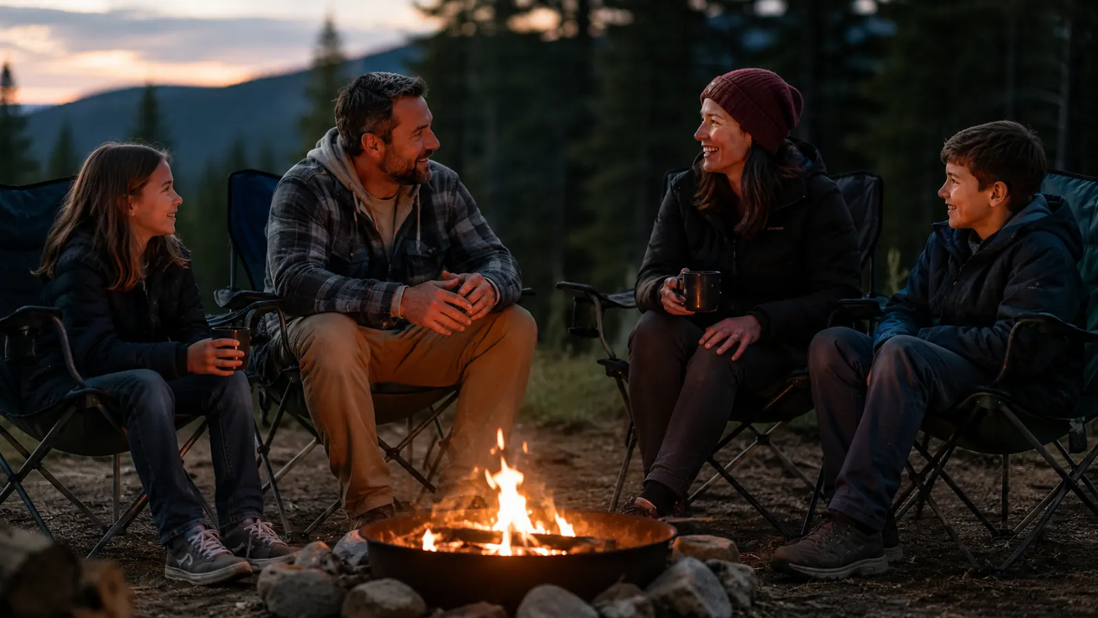 Family group gathered around a campfire, all seated in camp chairs, laughing