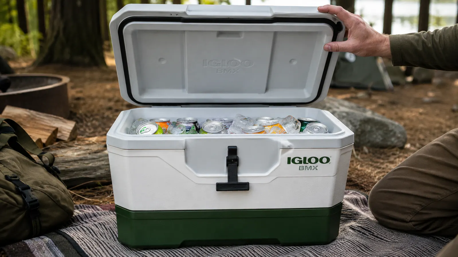 Ice still present in an open cooler on the fourth day of a camping trip, with cold drinks and fresh food still intact