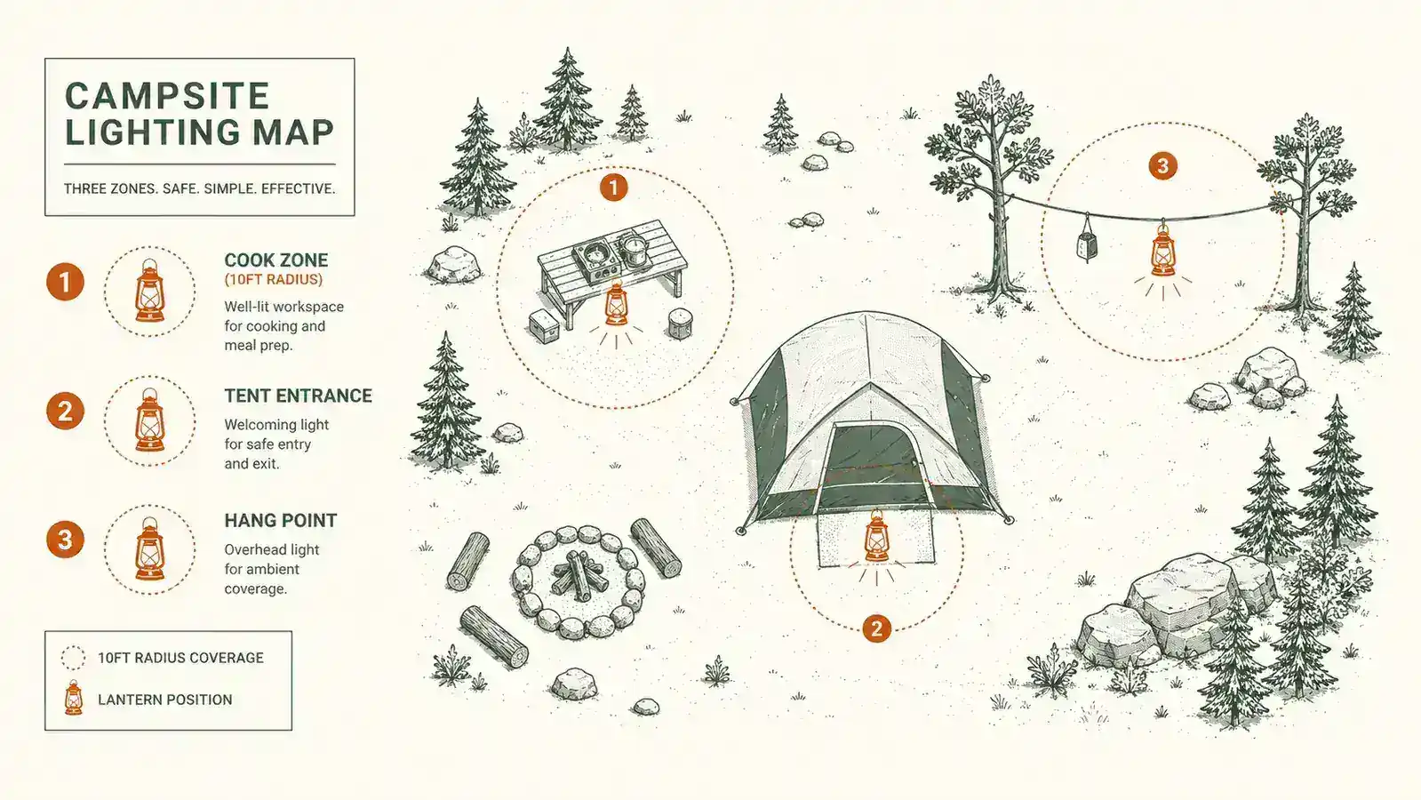 Diagram showing campsite lighting zones: cook area, tent entrance, and hang point with coverage radius labels