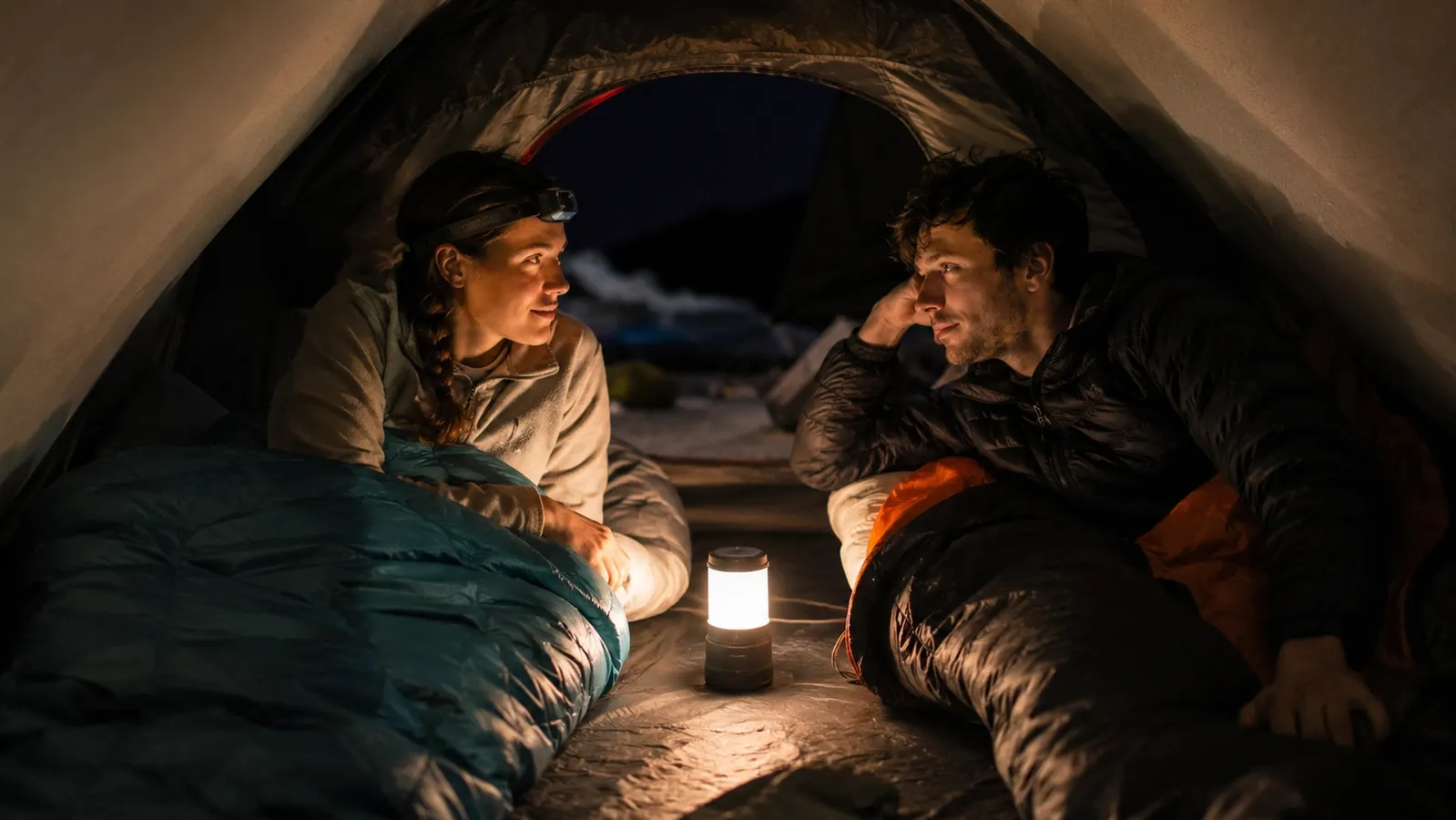 Inside a tent at night lit by a lantern placed in the center, two sleeping bags visible, warm diffused light