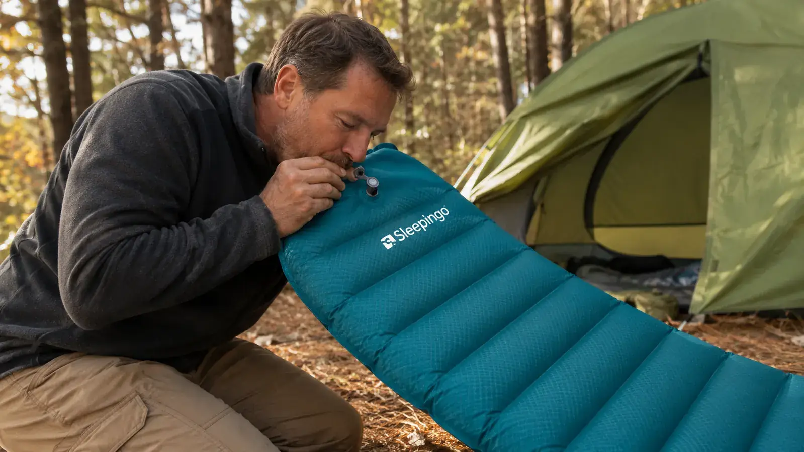 Hands inflating the Sleepingo sleeping pad by blowing into the valve at a campsite