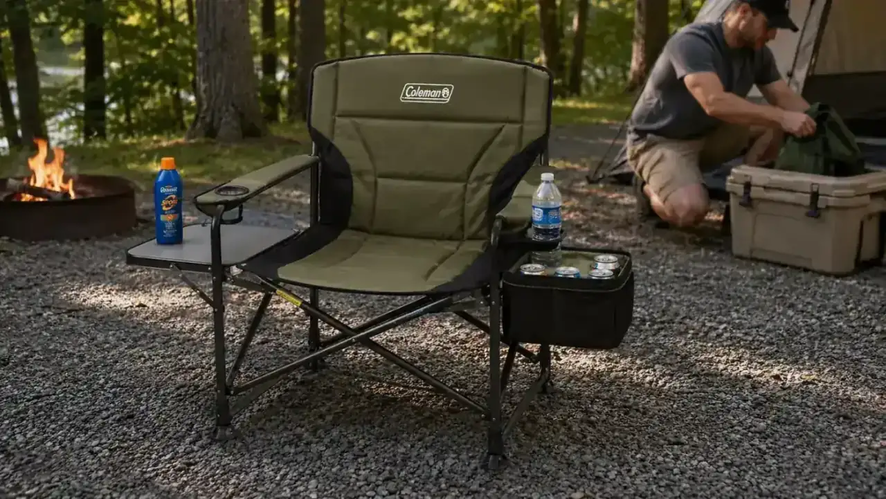 Coleman camping chair with built-in cup holder and side table set up on flat ground at a campsite