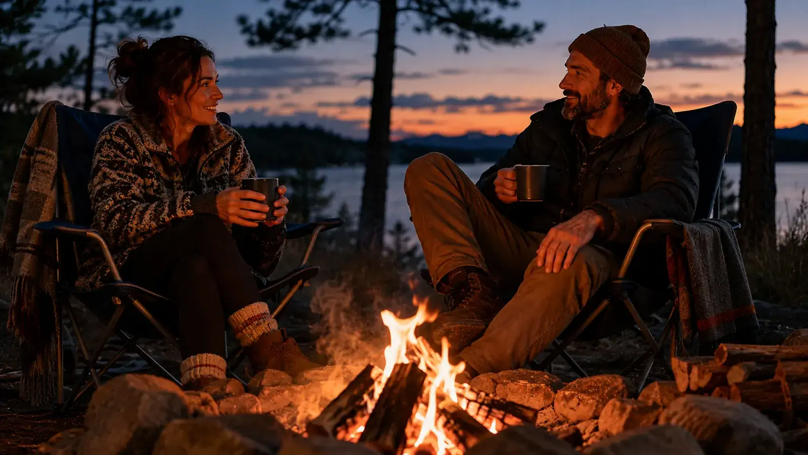 Two people talking around a small campfire at dusk, each seated comfortably in camp chairs