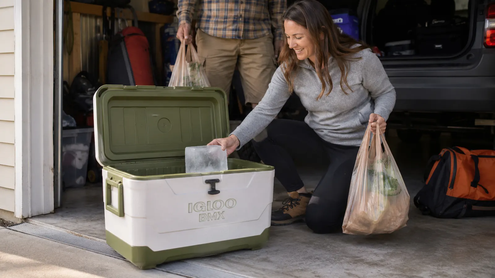 Family packing an Igloo BMX cooler with groceries and ice blocks before a camping trip