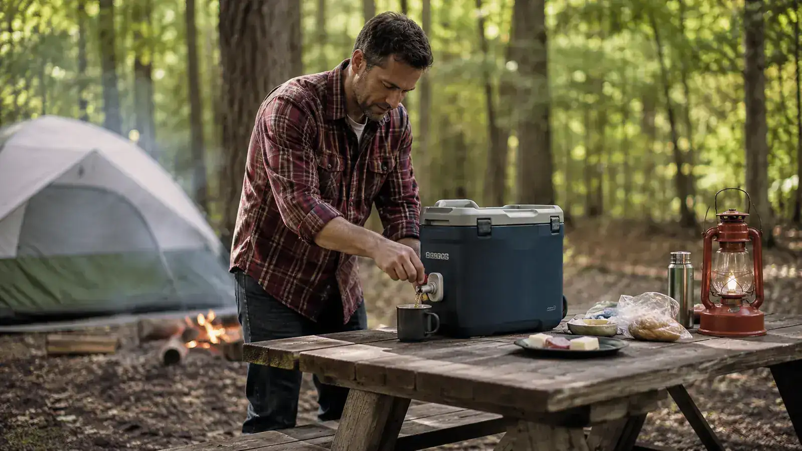 Camper pouring a cold drink from a cooler at a picnic table surrounded by camping gear