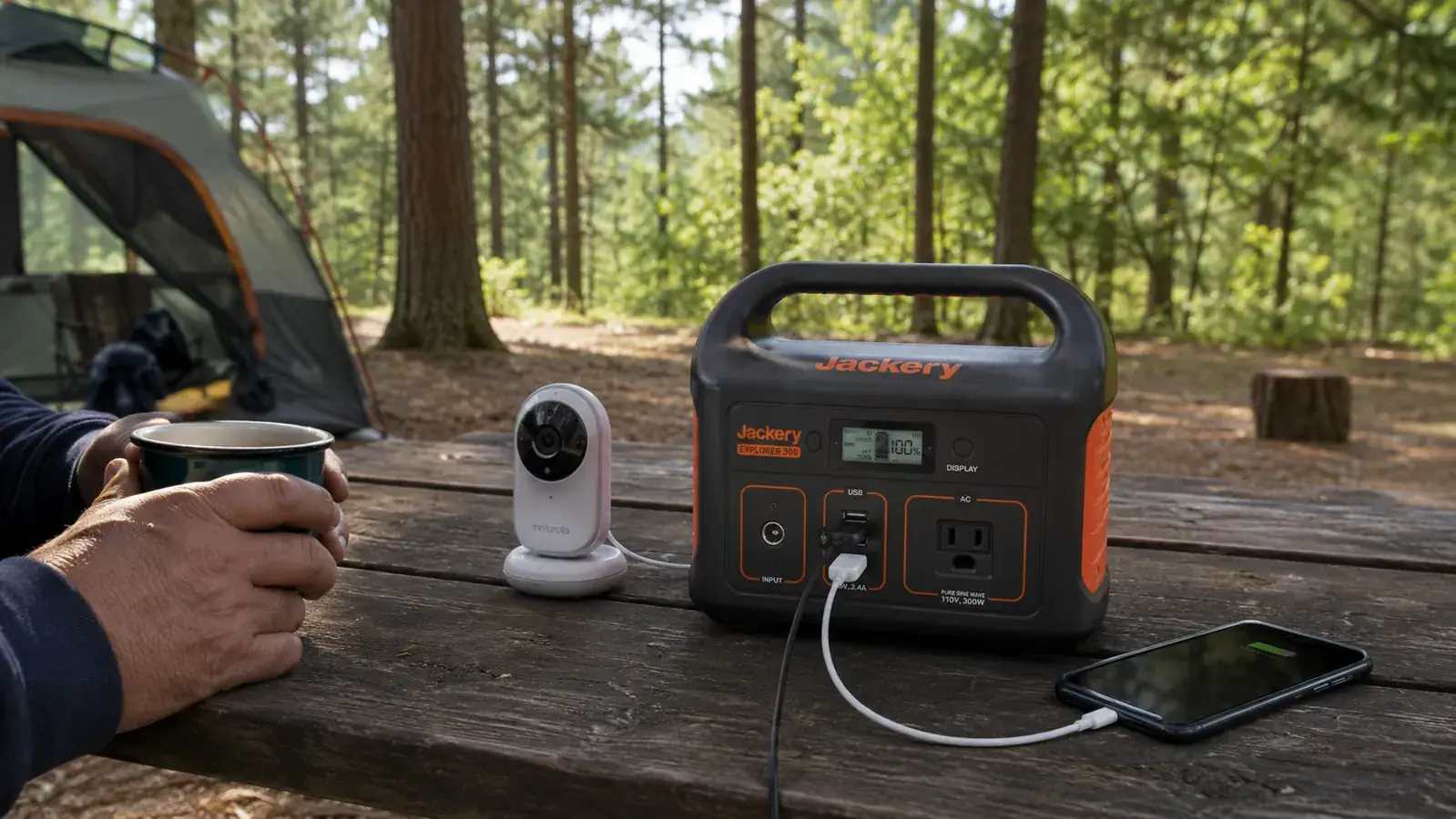 Jackery Explorer 300 power station sitting on a wooden picnic table with a baby monitor and phone charging from it