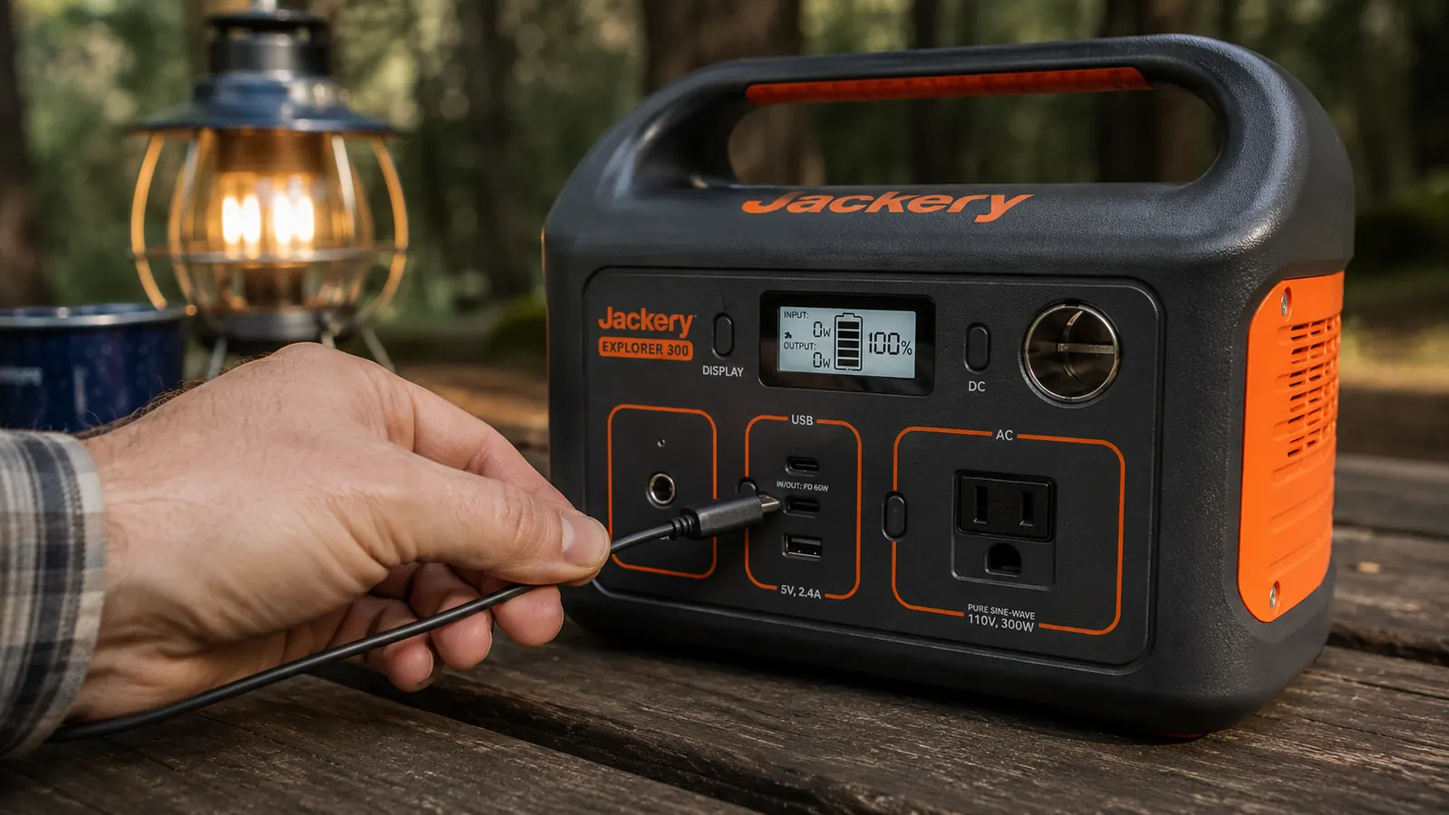 Hand plugging a phone charger cable into the USB port on the Jackery Explorer 300 while a lantern glows nearby