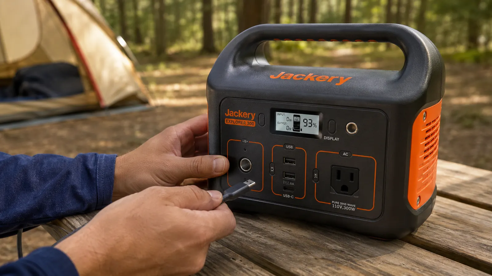 Jackery Explorer 300 display panel showing wattage output while charging a phone and powering a fan