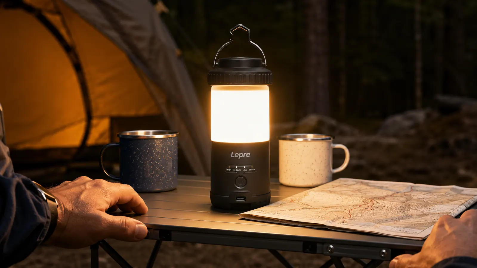Lepro camping lantern illuminating a camp table with two mugs and a map spread out on it