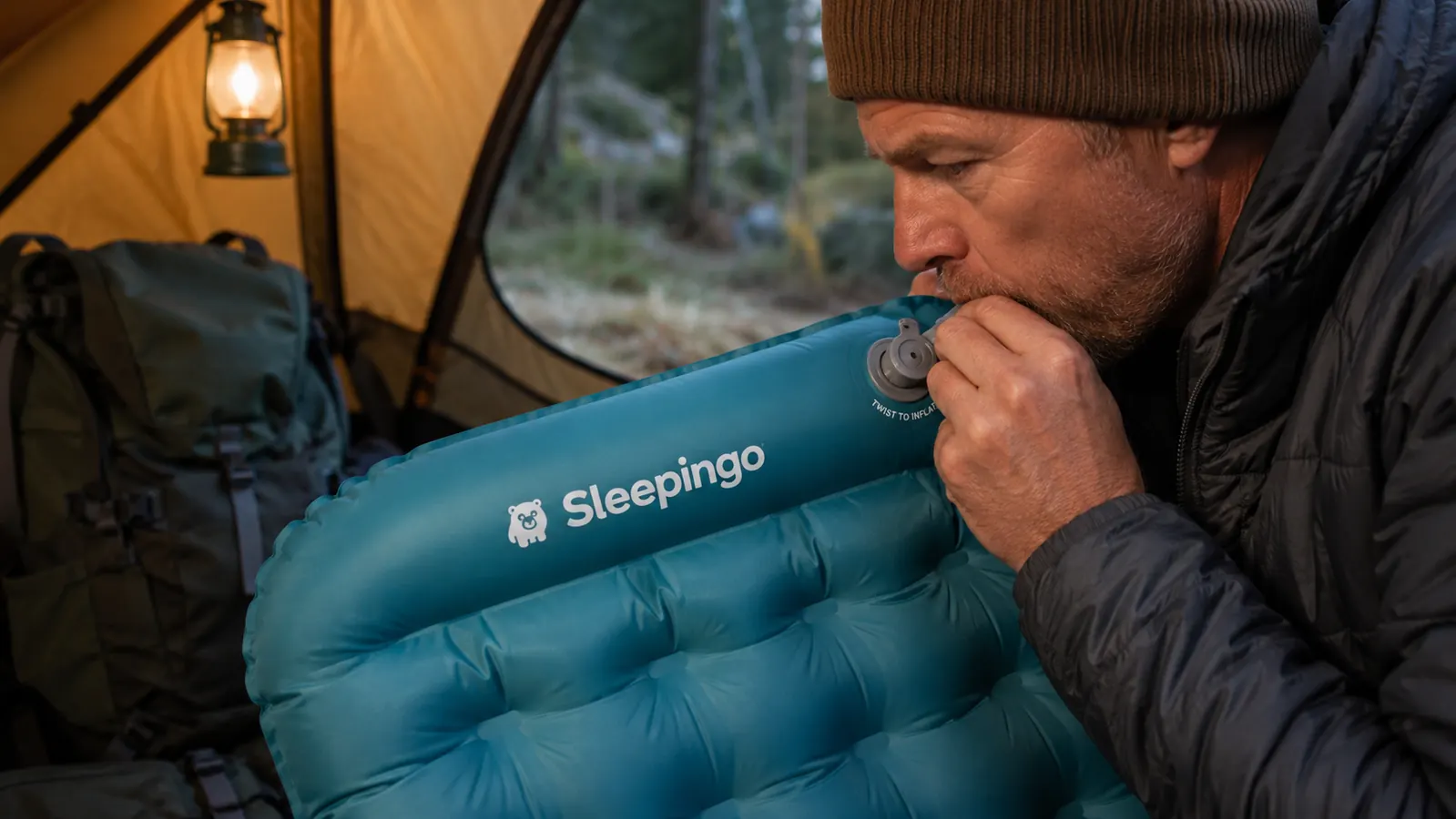 Sleepingo inflatable sleeping pad being inflated by mouth at a campsite