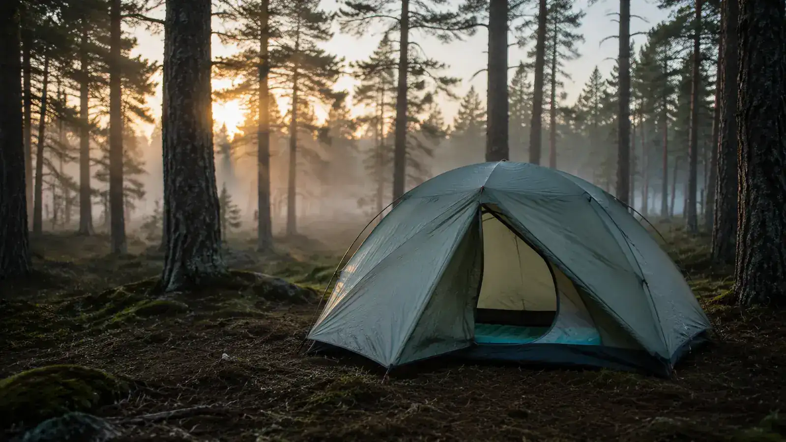 Campsite at dawn with sleeping pad visible through tent door, morning mist in background